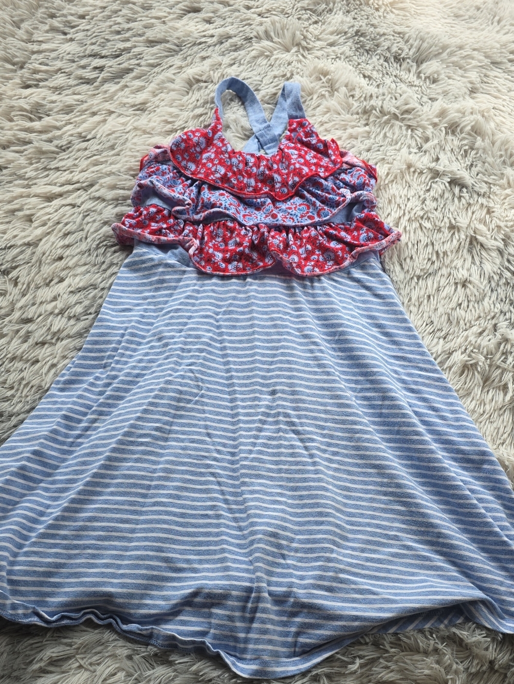 Jona Michelle Blue & Red Striped Sundress with Floral Ruffles